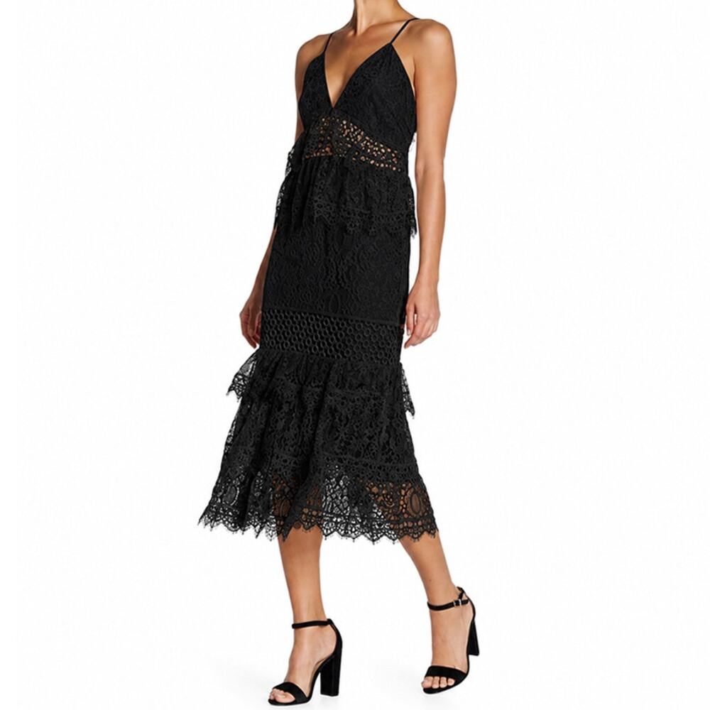 Kendall + Kylie Black Lace Tiered Midi Dress Size L